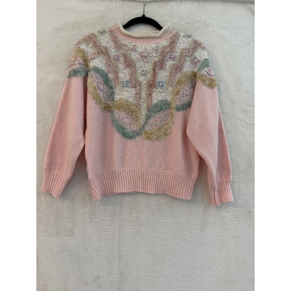 Jaclyn Smith Vintage Pink Knit Sweater Large Floral Faux Pearl Beaded Pullover